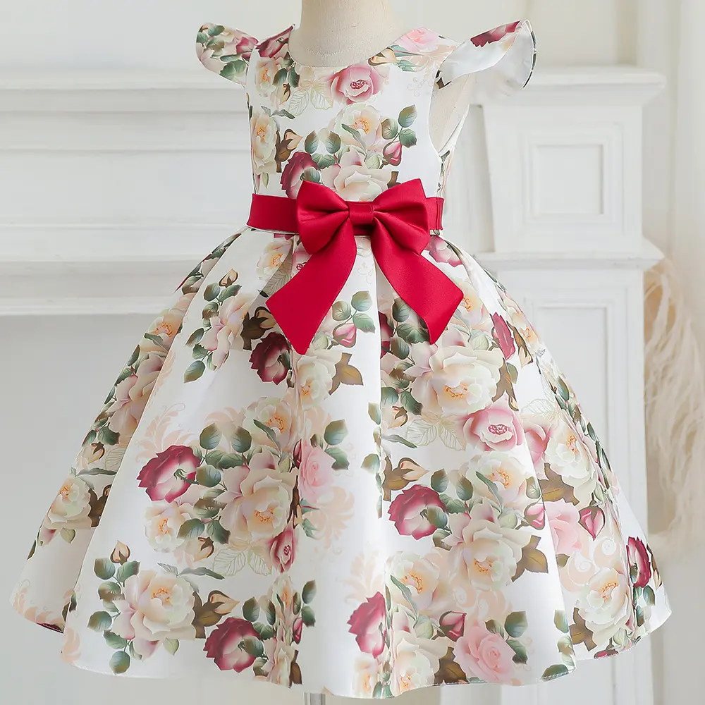 Yoliyolei-falda de flores para niños, ropa de fiesta de otoño y Navidad, de manga corta, de satén, con lazo, para boda