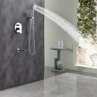 Système de douche encastré chromé poli avec inverseur 3 voies, pommeau de douche pluie rond, douchette à main, bec de baignoire, fixation murale, ensemble complet