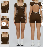 Combinaison de yoga dos nu ultra douce pour femme, avec passepoil contrastant, manches courtes, style unitard rétro, pour la gym et l'entraînement