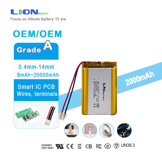 OEM LN103450 3.7V 2000mAh Lithium Polymer Battery Rechargeable Li-Po High Capacity Reliable JST Molex Connector /CB/CE