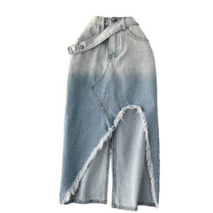 Jupe longue plissée asymétrique en jean de haute qualité pour femme, taille haute, décontractée, 2 pièces, tendance, moderne et stylée - Product Image 1