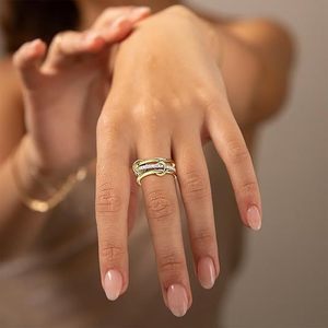 Bague en acier inoxydable anti-ternissement, zircone multicouche, bicolore, à maillons entrelacés, style éternité, anti-anxiété - Product Image 3