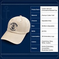Gorra de Béisbol Personalizada con Bordado de Club Náutico, Logotipo de Ancla, Letras, 6 Paneles, Sarga de Algodón, Visera Curva, MOQ Bajo 20PCS, OEM Náutico para Yates