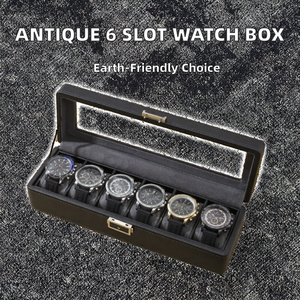 Black Leatherette 6 Slot <b>Watch</b> Box with Faux Suede Lining and Snap Closure Rectangle <b>Case</b> for Men's Timepieces - Product Image 4