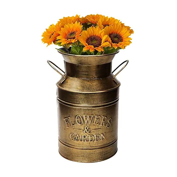 Grande Ouro Antigo Galvanizado Leite Pode Vintage Country Style Farmhouse Vase Flower Holder Para Casa Decoração Do Casamento 8.5''
