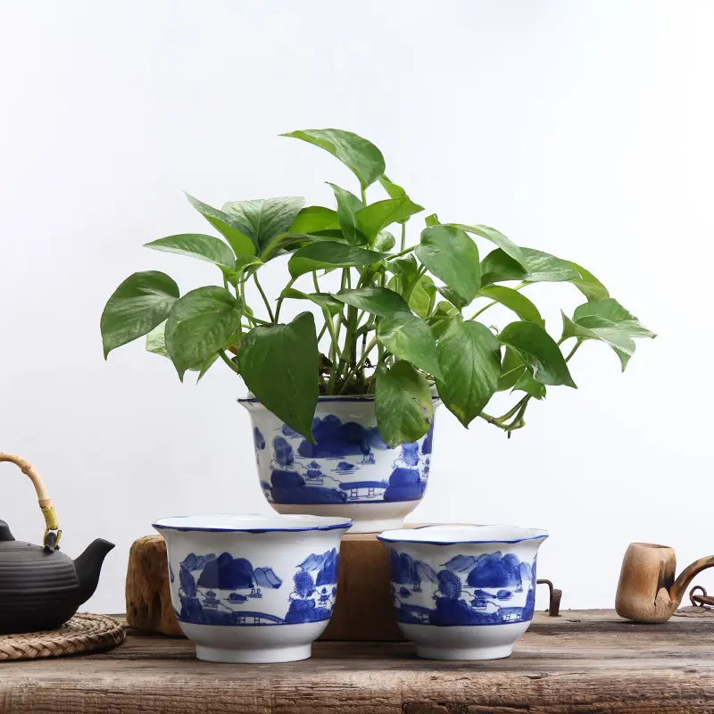 Blue and white porcelain pot ceramic large small medium size gardening bonsai pot fleshy A set of 3 pieces with very Low price