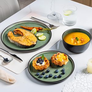 Eka Màu Xanh Lá Cây Và Màu Đen Phản Ứng Men Phong Cách Mỹ Bộ Đồ Ăn Đặt Gốm Tấm Và Bát Đặt Sang Trọng Sứ Bộ Đồ Ăn Đặt - Product Image 5