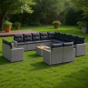 Ensemble de canapés de jardin en rotin PE gris, 14 pièces, mobilier d'extérieur au design contemporain, résistant aux intempéries, pieds réglables de grande taille - Product Image 2