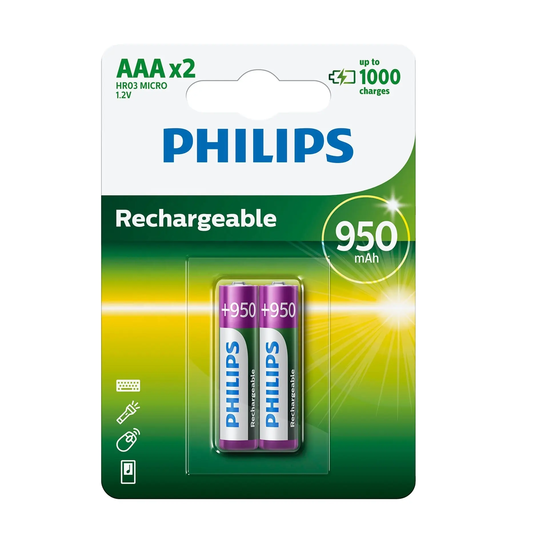 Philips Rechargeable MultiLife NiMH batteries R03NM 2 AAA blister NiMH 950 mAh 1.2 Volt World Best Hot buy Clean Dependable