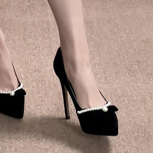 Nouvelles escarpins noirs en velours pour femme, ornés de perles, à talons aiguilles, plateforme et bout fermé, pour soirée - Product Image 4