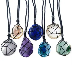 Colar de cristal de pedra agata natural, colar com pingente de arco-íris, multicolor, tecido à mão, natural, de pedra agata