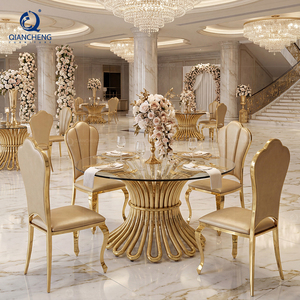 Table à manger moderne en acier inoxydable doré avec dessus en verre transparent pour l'extérieur meubles d'hôtel de mariage table ronde de banquet de mariage - Product Image 1
