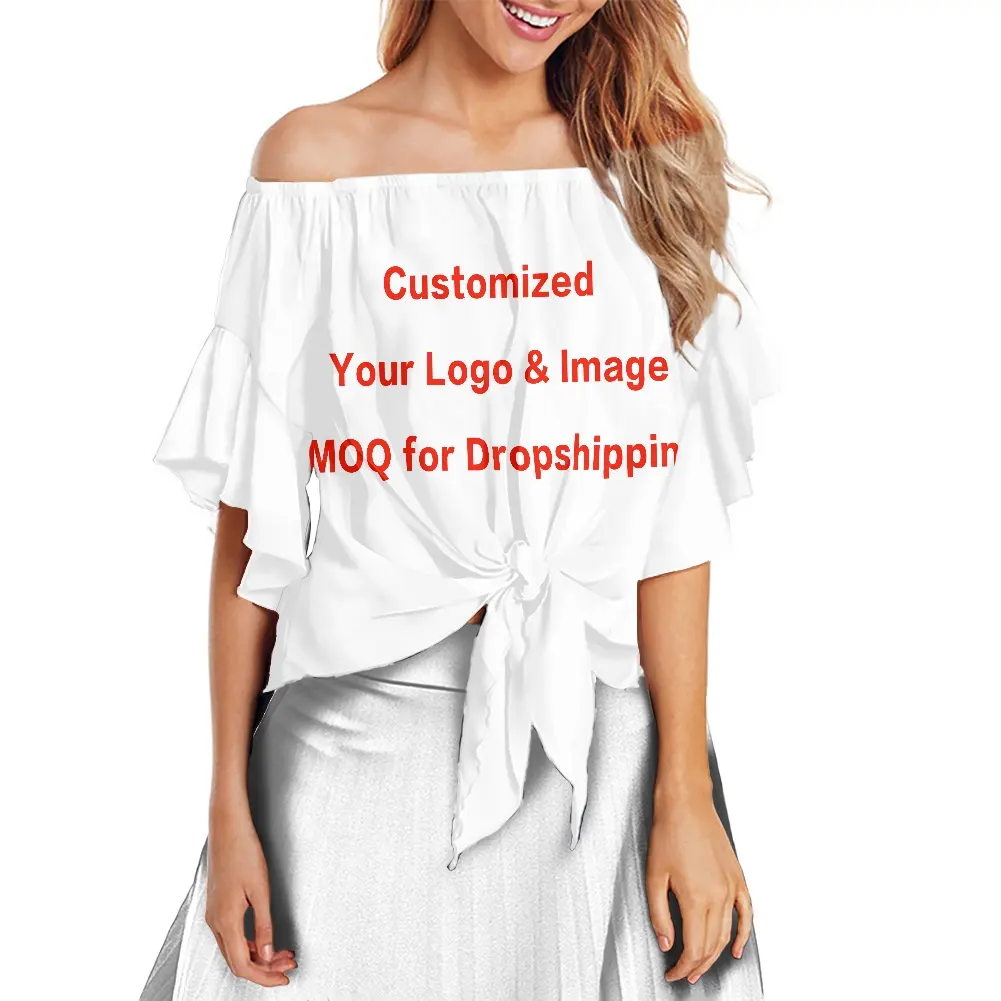 1MOQ Custom Print On Demand Dames Chiffon Tops Blouse Vrouwen Off Shoulder T-shirt Vrouwen Zomer Sexy Vrouw Stropdas Knoop voorzijde Tops