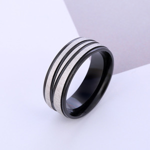 18K PVD Gold, Silver, <b>Black</b> & Blue Stainless Steel Striped Brushed Finish <b>Rings</b> | Durable Fashion Band <b>for</b> <b>Men</b> & Women - Product Image 2
