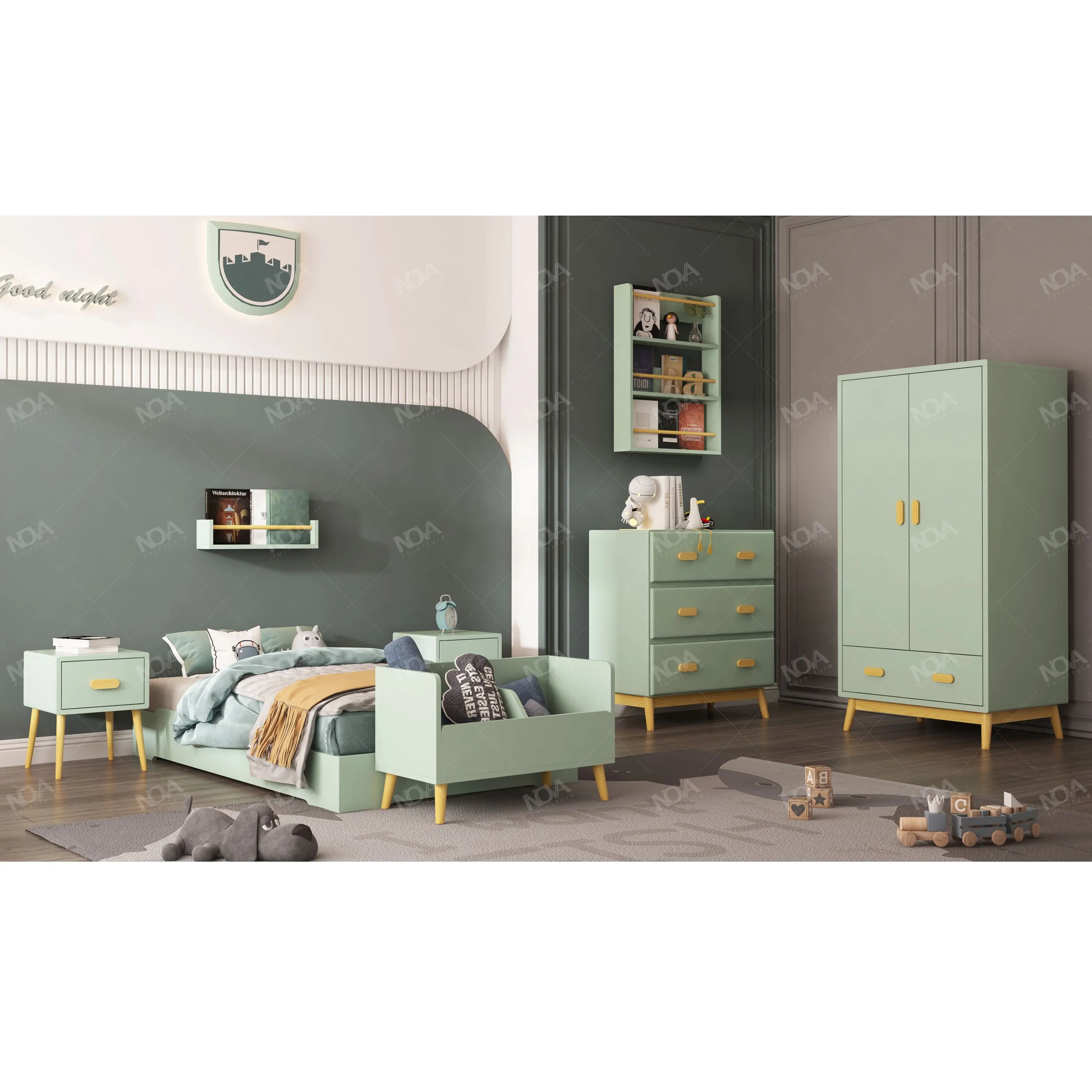 Nova Großhandel Hochwertige Kinder Schlafzimmer möbel Mintgrün Set Modernes Ideen design Einzel MDF Kinder bett für Mädchen und Jungen Set