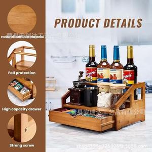 Wooden Double Layer Storage <b>Rack</b> With Drawers For <b>Kitchen</b> Spice Bottles And Coffee Capsules - Product Image 2