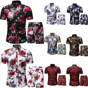 Hot 2-piece cardigan button short sleeve shirt wholesale summer full print New Hawaii beach wear two men's shirts and shorts set