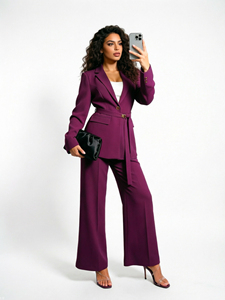 Costume formel de luxe <span class=keywords><strong>bleu</strong></span> <span class=keywords><strong>marine</strong></span> <span class=keywords><strong>pour</strong></span> <span class=keywords><strong>femme</strong></span>, blazer boutonné avec ceinture, <span class=keywords><strong>pantalon</strong></span> plissé à jambes larges <span class=keywords><strong>pour</strong></span> invitée de <span class=keywords><strong>mariage</strong></span> ou tapis rouge - Product Image 5