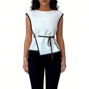 Áo kiểu peplum có dây buộc eo tương phản dành cho nữ - Áo sơ mi công sở không tay thông thường Sehe Fashion - Product Image 2