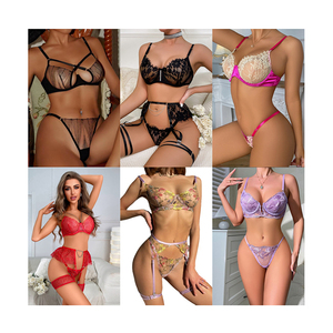 Nouvelle collection de lingerie sexy pour femme : Ensemble soutien-gorge à armatures en dentelle, avec string et porte-jarretelles, motif floral, extensible et ajouré - Product Image 1