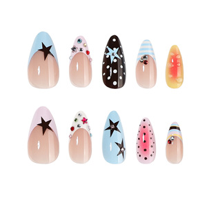 Uñas Postizas Estéticas Y2K de Colores Mezclados, Lindas con Estrellas, Puntos, Degradado, Color Nude, Forma Almendrada, Arte de Uñas a Presión - Product Image 2