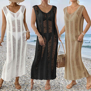 ชุดเดรสชายหาดแบบถักสำหรับผู้หญิง ระบายอากาศได้ดี เป็นมิตรกับสิ่งแวดล้อม แบบไม่มีแขน คอ halter ยาว คลุมบิกินี่ ผ้าตาข่าย 1 ชิ้น - Product Image 3