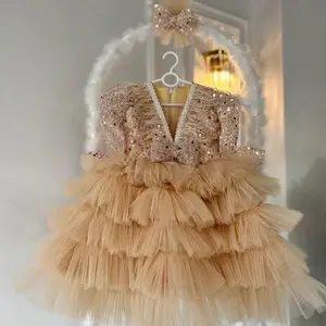 बच्चों के कपड़े राजकुमारी पोशाक वी-गर्दन लंबी आस्तीन वाली सेक्विन टूटू स्कर्ट लड़कियों के लिए भव्य कैटवॉक प्रदर्शन पोशाक वेस्टिडोस