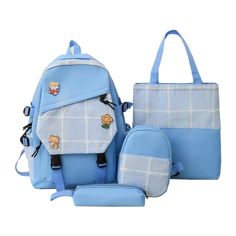 Tas sekolah murid perempuan, tas sekolah mode 4 In 1 warna-warni lucu tahan air kapasitas besar kualitas tinggi Set 4 buah tas ransel kanvas
