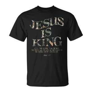 Camiseta Vintage con Estampado de Camuflaje y Versículo Bíblico de Juan 14:6, Jesús es Rey - Product Image 1