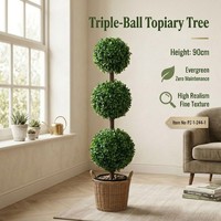 Arbre Topiaire Artificiel Triple Boule de 70 cm en PE, Feuillage de Buis Réaliste, Pot Noir, Résistant aux UV, Lot de 2, Sans Entretien