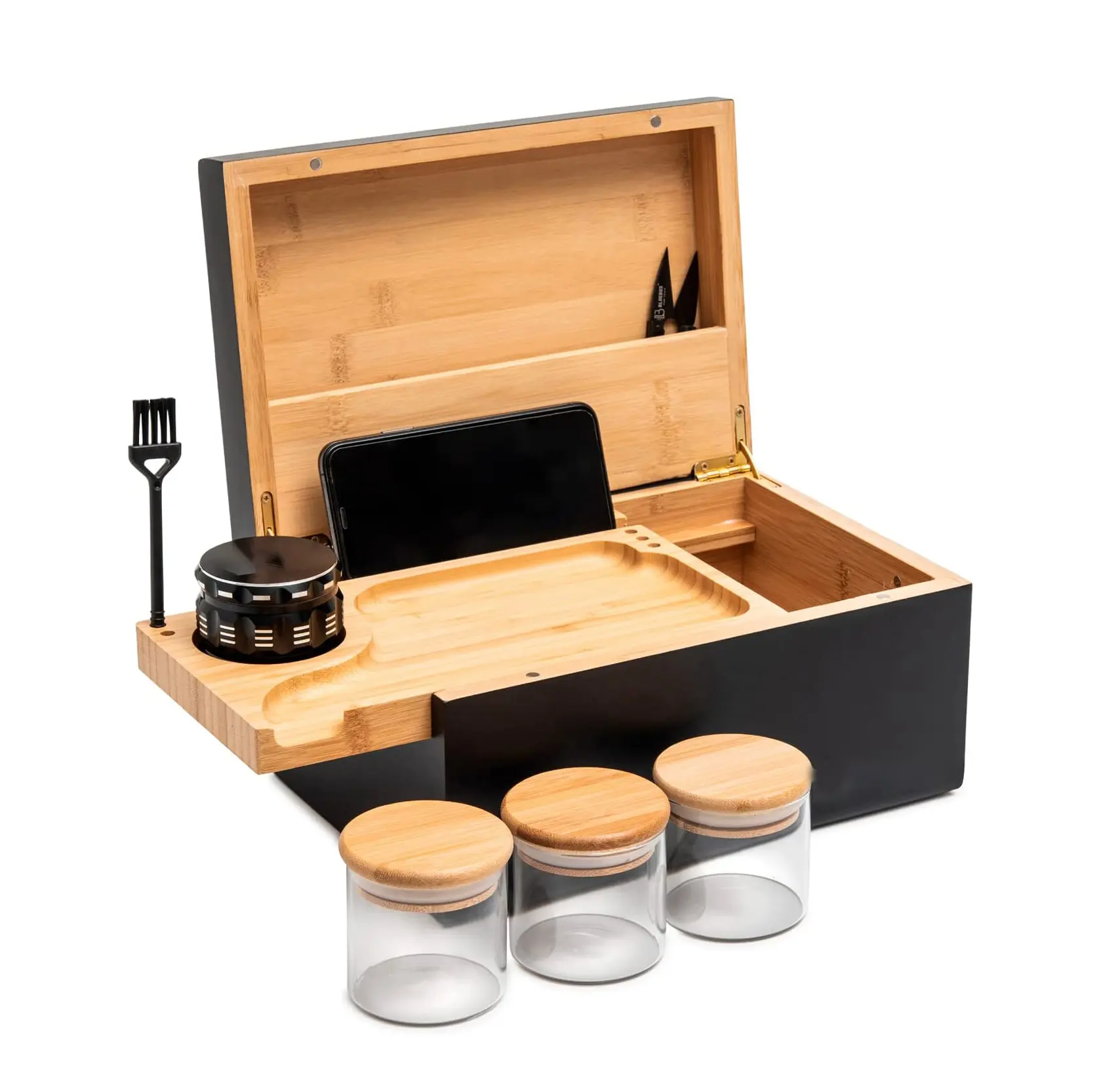 Bamboo Stash Box with Sliding Bamboo Wooden Rolling Tray 3 Airtight Jars and Accessories