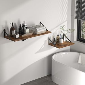 Wooden <b>Wall</b> <b>Mounted</b> Floating <b>Shelf</b> 2 Piece Set Brown Durable Storage Rack For Living Room Kitchen Office Bedroom - Product Image 3