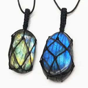 Labradorite colar pedra natural de pingente, envoltório macrame trança colar de yoga para mulheres, colar de energia masculino