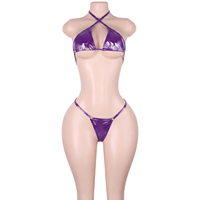 Ensemble de bikinis deux pièces attrayant en cuir verni à lacets, orné de strass, dos ouvert, pour femmes adultes, style Club Bottle Girl, pour soirées Rave