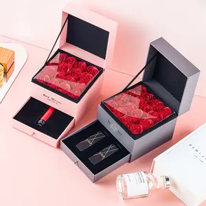 कस्टम लक्जरी साबुन गुलाब गहने बॉक्स डबल-परत दराज पैकेजिंग बक्से के लिए वेलेंटाइन दिवस गुलाब का फूल उपहार बॉक्स अंगूठी हार