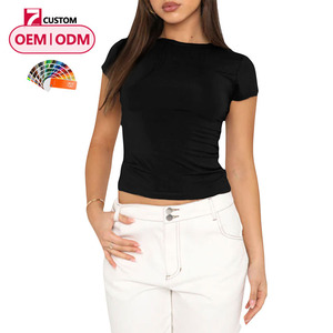 T-shirt décontracté à manches courtes avec logo personnalisé, pull uni coupe ajustée printemps-automne, haut <span class=keywords><strong>de</strong></span> base streetwear pour femme - Product Image 1