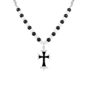 European Trend Men/Women Stainless Steel Personality Beads PVC Glue Black Cross Pendant Necklaces