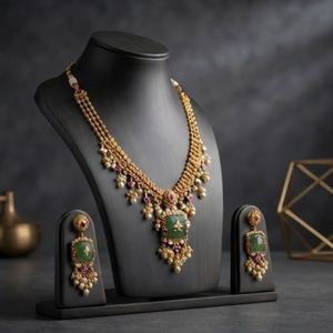 Conjunto de Collar y Pendientes de Perlas Chapados en Oro y Rodio para Mujer Prayom, Gargantilla en Capas, Jhumka, Regalo - Product Image 3