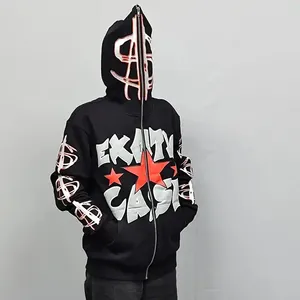 500g/m² Baumwolle Custom Logo Hoodie Schwergewicht Terry French Puff Druck voller Reiß verschluss Hoodie für Männer