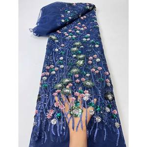 Ancho 125 cm piel flores brillantes lentejuelas bordado cuentas malla nigeriana tela pesada tul encaje tela para vestido de novia - Product Image 6