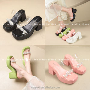 Women's Heeled Mules Square Open Toe <b>Sandals</b> Flip Flops Slip on <b>Fashion</b> Wedding Dress Heels Back High Heel Slippers 6727 - Product Image 5