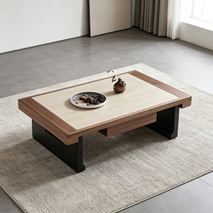 Moderner Couchtisch aus Walnussfurnier mit Mikrokristalliner Steinplatte, Doppelschubladen und passendem Glas-Beistelltisch - Product Image 3