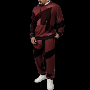 Geometric <b>Burgundy</b> Black Colorblock Tracksuit Set <b>Hoodie</b> with Jogger Pants Custom Logo Two Piece Streetwear Outfit Wholesale - Product Image 1