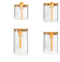 Botol Penyimpanan Kaca Persegi Transparan Bebas Timbal Borosilikat dengan Sendok, Dapat Dipanaskan, Multifungsi, Diameter 100mm, Tutup Bambu, Cincin Silikon