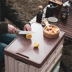 Boîte de rangement pliable multifonctionnelle Boîte d'organisation en plastique pour l'extérieur du camping Conteneurs de stockage d'aliments avec couvercle en bois