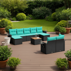 Set di divani da giardino in polyrattan nero da 10 pezzi con cuscini, mobili da esterno - Product Image 2