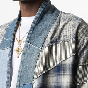 <span class=keywords><strong>Chemise</strong></span> kimono décontractée pour hommes personnalisée OEM <span class=keywords><strong>Chemise</strong></span> manches longues revers châle Patchwork à carreaux en flanelle de coton respirante pour le printemps - Product Image 6