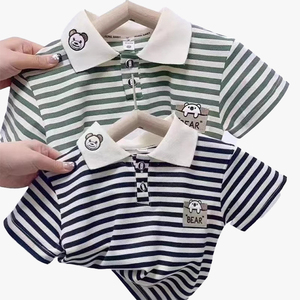 Camiseta Polo de Manga Corta para Niños, Verano, Linda Camiseta con Cuello, Informal, Tejida, con Rayas Bordadas - Product Image 3
