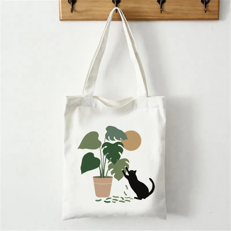 Plant Cat Shopping Bag Shopper Tote Bag Summer Shoulder Canvas Bag Large Capacity Wild Messenger Cute Fun Handbag