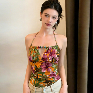 Women's Color-Blocked Floral Print Camisole <b>Top</b> <b>Beaded</b> V-Neck <b>Top</b> with Adjustable Shoulder Straps Summer Daily Wear 2026 New - Product Image 3